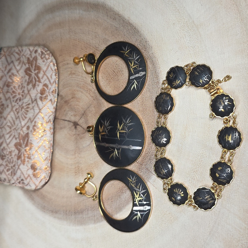 Vintage Japanese Damascene jewelry Set Signed Amita